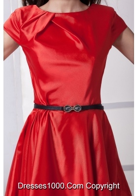 Red Scoop Prom Dress For Wedding with Black Bow Decorated Belt