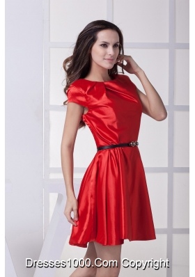 Red Scoop Prom Dress For Wedding with Black Bow Decorated Belt