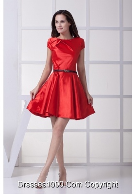 Red Scoop Prom Dress For Wedding with Black Bow Decorated Belt