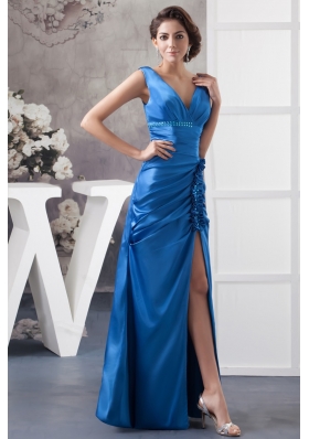 Royal Blue V-neck Floor-length Prom Celebrity Dress High Slit