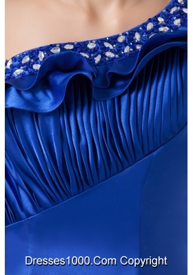 Ruched and Beaded Blue Prom Celebrity Dress of One Shoulder