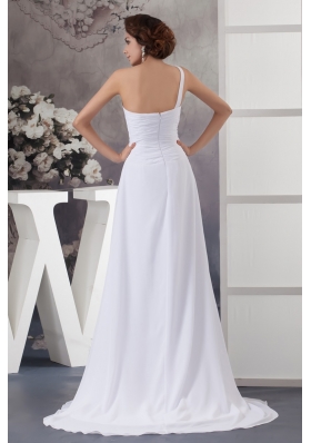 Ruched and Beaded Cool Neckline with Brush Train and One Shoulder