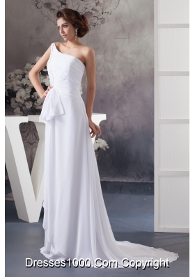 Ruched and Beaded Cool Neckline with Brush Train and One Shoulder