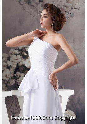 Ruched and Beaded Cool Neckline with Brush Train and One Shoulder