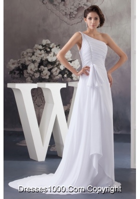 Ruched and Beaded Cool Neckline with Brush Train and One Shoulder