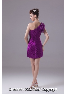 Ruched and Beaded Mini Eggplant Purple Prom Dresses with One Shoulder