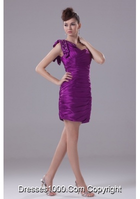 Ruched and Beaded Mini Eggplant Purple Prom Dresses with One Shoulder