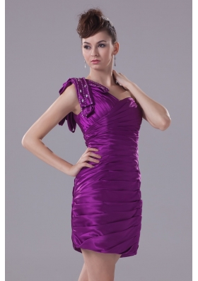 Ruched and Beaded Mini Eggplant Purple Prom Dresses with One Shoulder