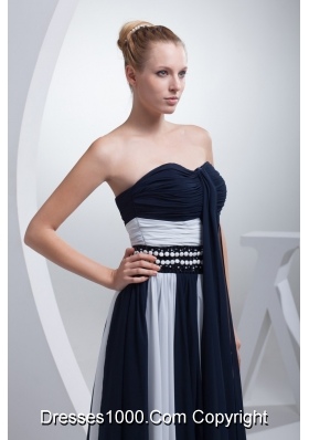 Ruched and Beaded Prom Evening Dresses in Navy Blue and White