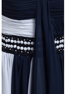 Ruched and Beaded Prom Evening Dresses in Navy Blue and White