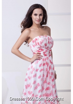 Ruched and Pleated Knee-length Printing Chiffon Prom Dresses Strapless