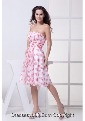 Ruched and Pleated Knee-length Printing Chiffon Prom Dresses Strapless