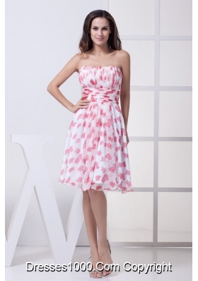 Ruched and Pleated Knee-length Printing Chiffon Prom Dresses Strapless