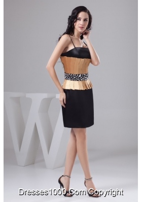 Ruched Black and Gold Mini Prom Cocktail Dress with Beading