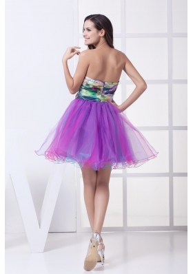 Ruching and Flower Accent Mini Organza Prom Dresses with Colorful Print