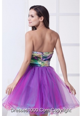 Ruching and Flower Accent Mini Organza Prom Dresses with Colorful Print