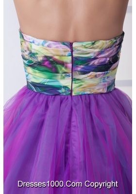 Ruching and Flower Accent Mini Organza Prom Dresses with Colorful Print