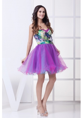 Ruching and Flower Accent Mini Organza Prom Dresses with Colorful Print