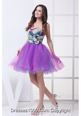 Ruching and Flower Accent Mini Organza Prom Dresses with Colorful Print