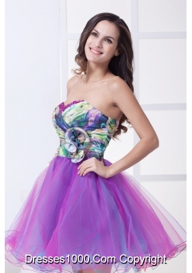 Ruching and Flower Accent Mini Organza Prom Dresses with Colorful Print