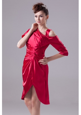 Ruching Knee-length Slit Prom Dress For Wedding with Asymmetrical Neckline