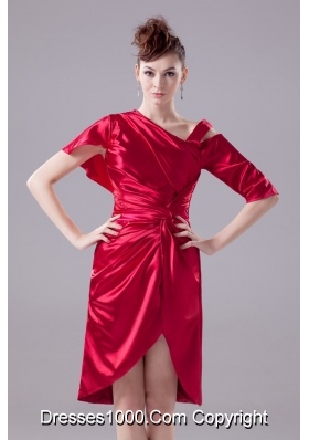 Ruching Knee-length Slit Prom Dress For Wedding with Asymmetrical Neckline