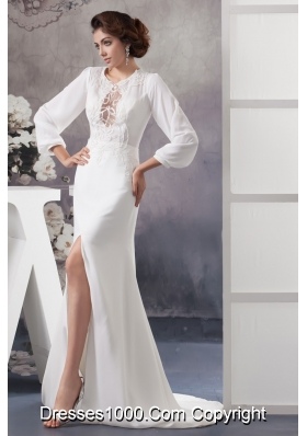 Scoop High Slitted Wedding Dress with Brush Train and Long Sleeves