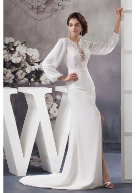 Scoop High Slitted Wedding Dress with Brush Train and Long Sleeves