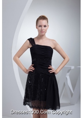 Single Shoulder Black Prom Gown Dress with Ruching and Sequins