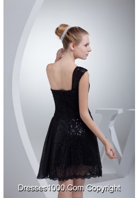 Single Shoulder Black Prom Gown Dress with Ruching and Sequins