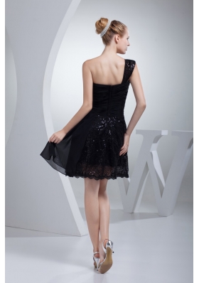 Single Shoulder Black Prom Gown Dress with Ruching and Sequins