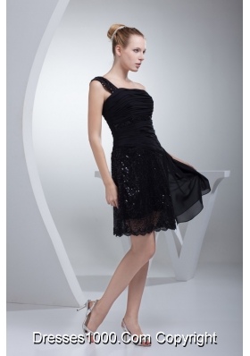 Single Shoulder Black Prom Gown Dress with Ruching and Sequins