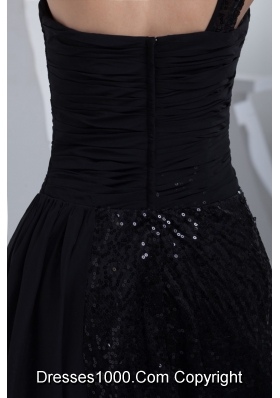 Single Shoulder Black Prom Gown Dress with Ruching and Sequins