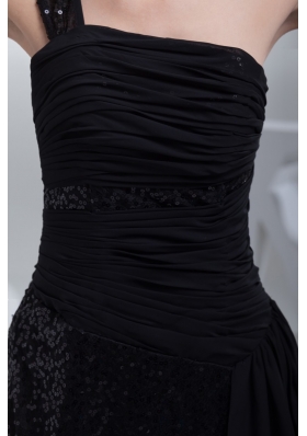 Single Shoulder Black Prom Gown Dress with Ruching and Sequins