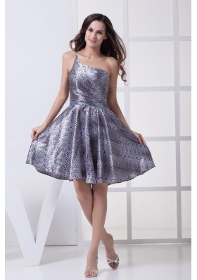 Single Shoulder Knee-length Pringting Prom Gown with Blue Sash