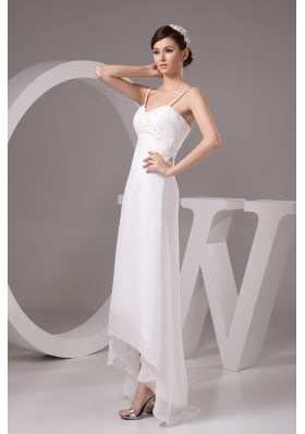 Spaghetti Straps High-low White Wedding Dress with Appliques