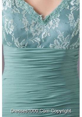 Turquoise V-neck Floor-length Prom Dresses with Long Sleeves