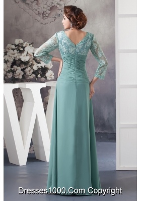 Turquoise V-neck Floor-length Prom Dresses with Long Sleeves