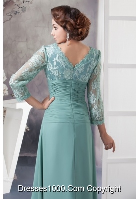 Turquoise V-neck Floor-length Prom Dresses with Long Sleeves