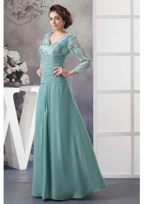 Turquoise V-neck Floor-length Prom Dresses with Long Sleeves