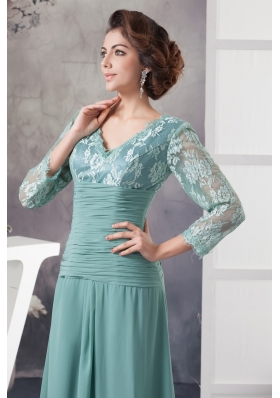 Turquoise V-neck Floor-length Prom Dresses with Long Sleeves