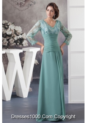 Turquoise V-neck Floor-length Prom Dresses with Long Sleeves