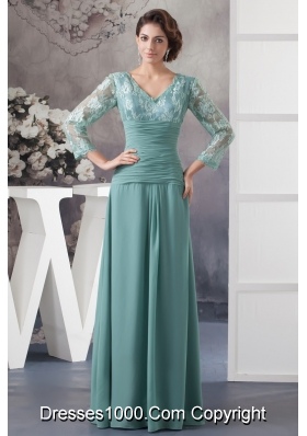 Turquoise V-neck Floor-length Prom Dresses with Long Sleeves