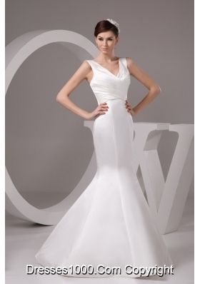 V-neck Mermaid Wedding Dresses in White with Ruche Floor-length