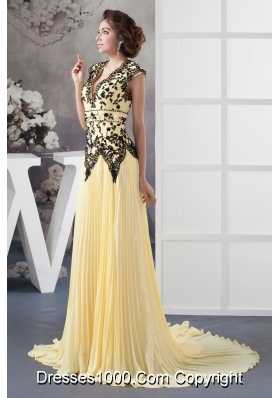 V-neck Pleated Light Yellow Chiffon Prom Graduation Dresses