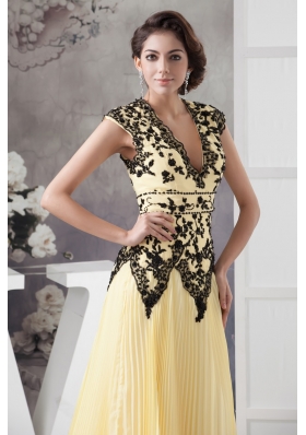 V-neck Pleated Light Yellow Chiffon Prom Graduation Dresses