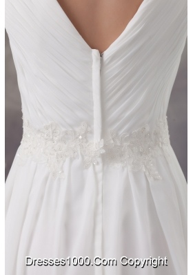 V-neck Ruched Ankle-length White Wedding Dress with Appliques