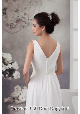 V-neck Ruched Ankle-length White Wedding Dress with Appliques