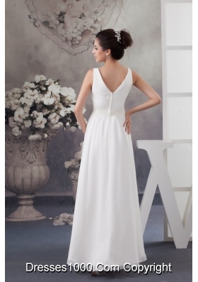 V-neck Ruched Ankle-length White Wedding Dress with Appliques