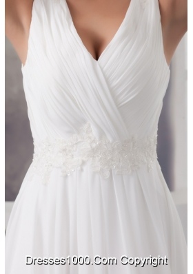 V-neck Ruched Ankle-length White Wedding Dress with Appliques